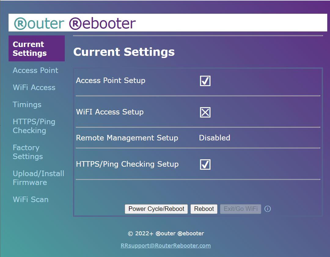 Router Rebooter Current Settings Menu